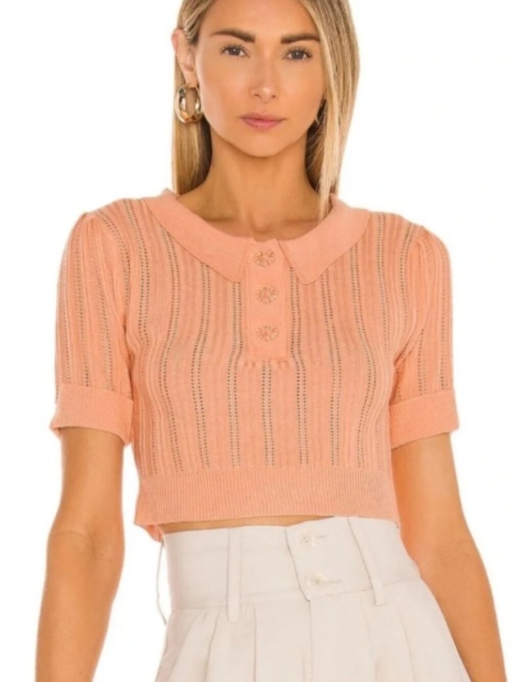 EUC For Love & Lemons Phoebe Pointelle Polo Cropped Sweater, Sz - XS